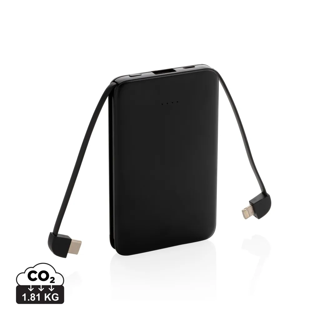 5.000 mAh zakformaat powerbank met geïntegreerde kabels zwart