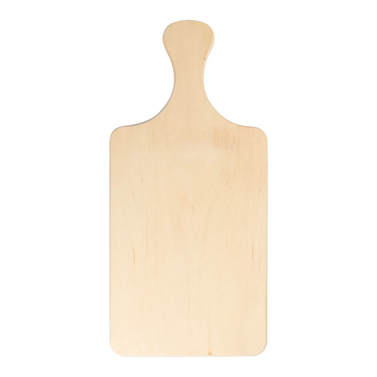 Lichte houten serveerplank met handvat op een witte achtergrond
