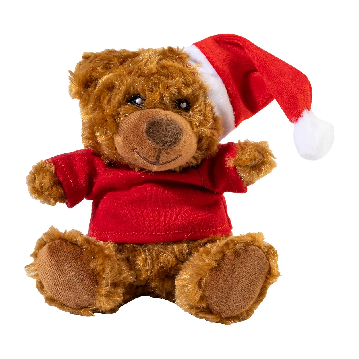 Bruine teddybeer met rode kerstmuts en rood shirt