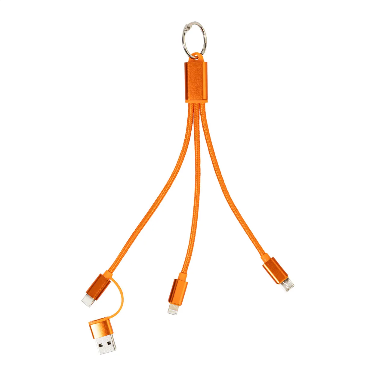 Oranje 3-in-1 oplaadkabel met sleutelhanger en verschillende USB-aansluitingen