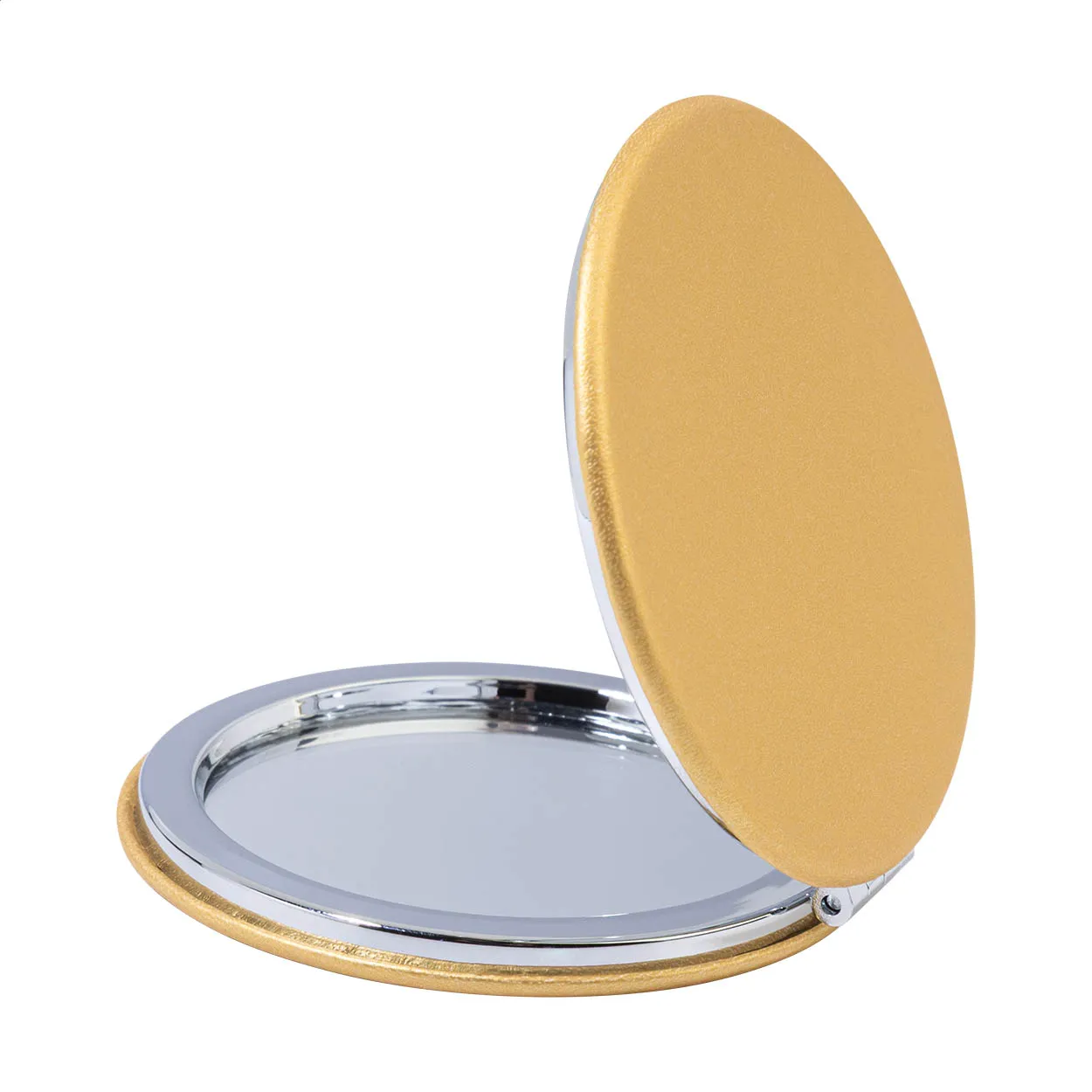 Gouden compacte spiegel geopend met ronde zilverkleurige spiegel