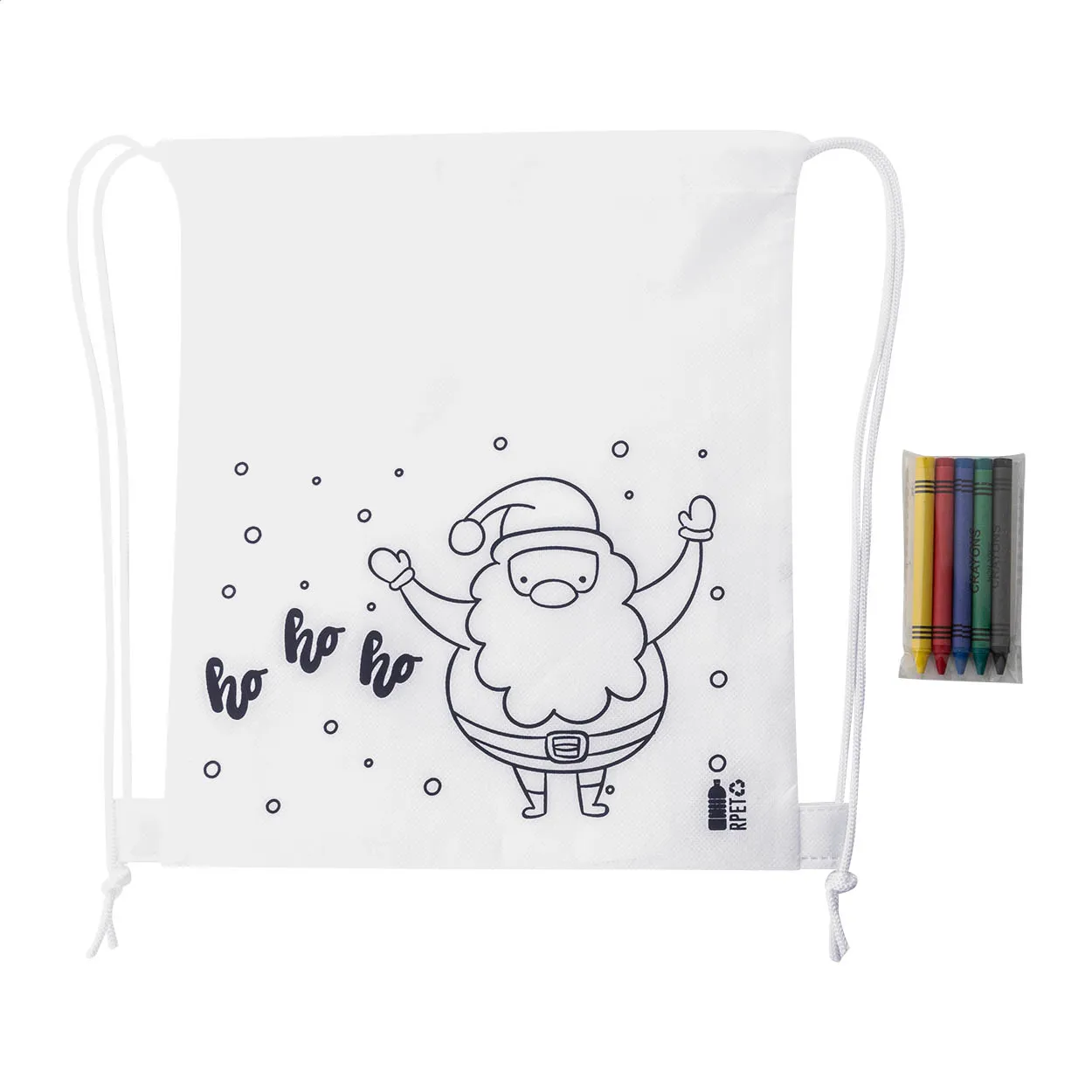 Witte rugzak met trekkoord en kerstmanillustratie, naast kleurpotloden