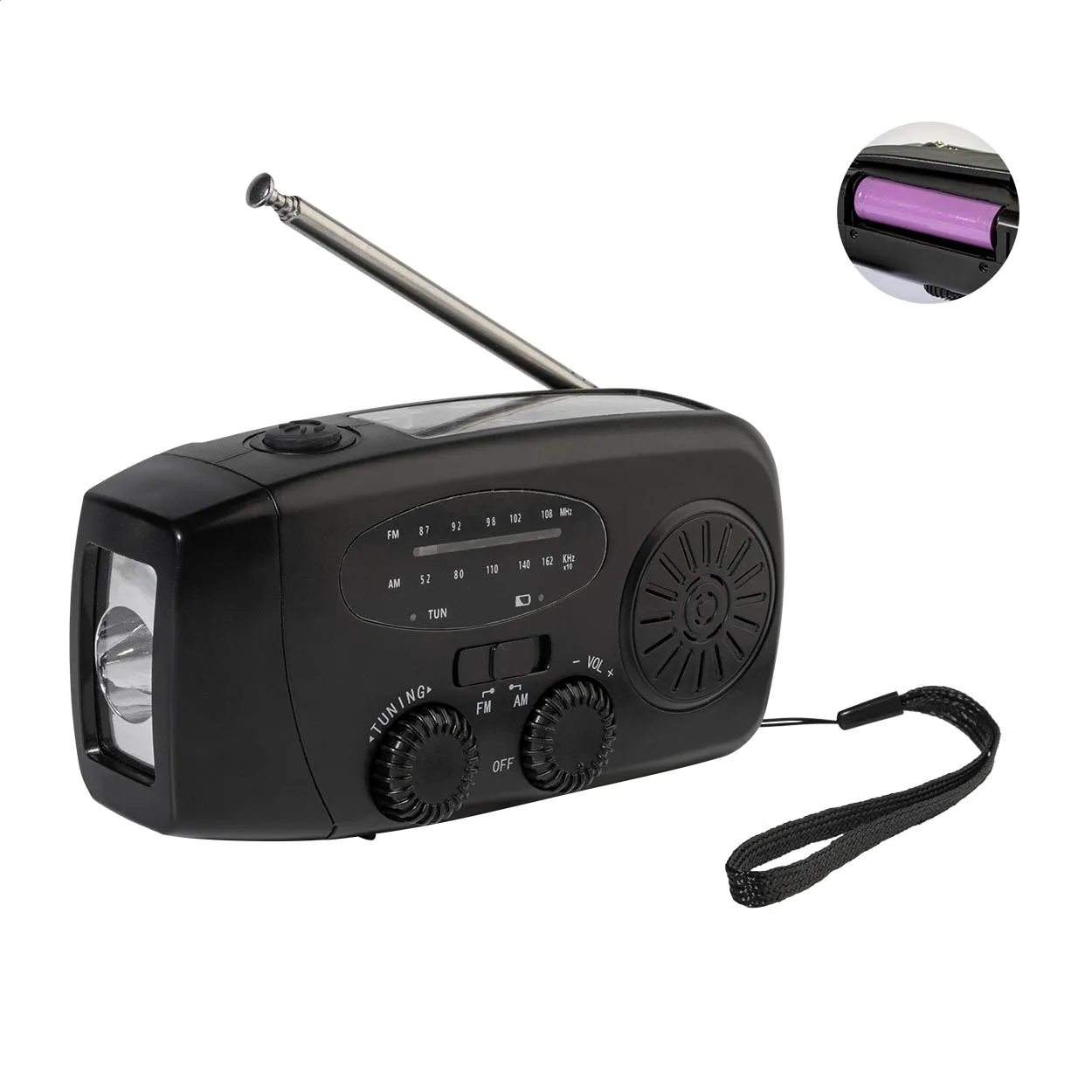 Zwarte noodradio met zaklamp, uitschuifbare antenne en draaglus
