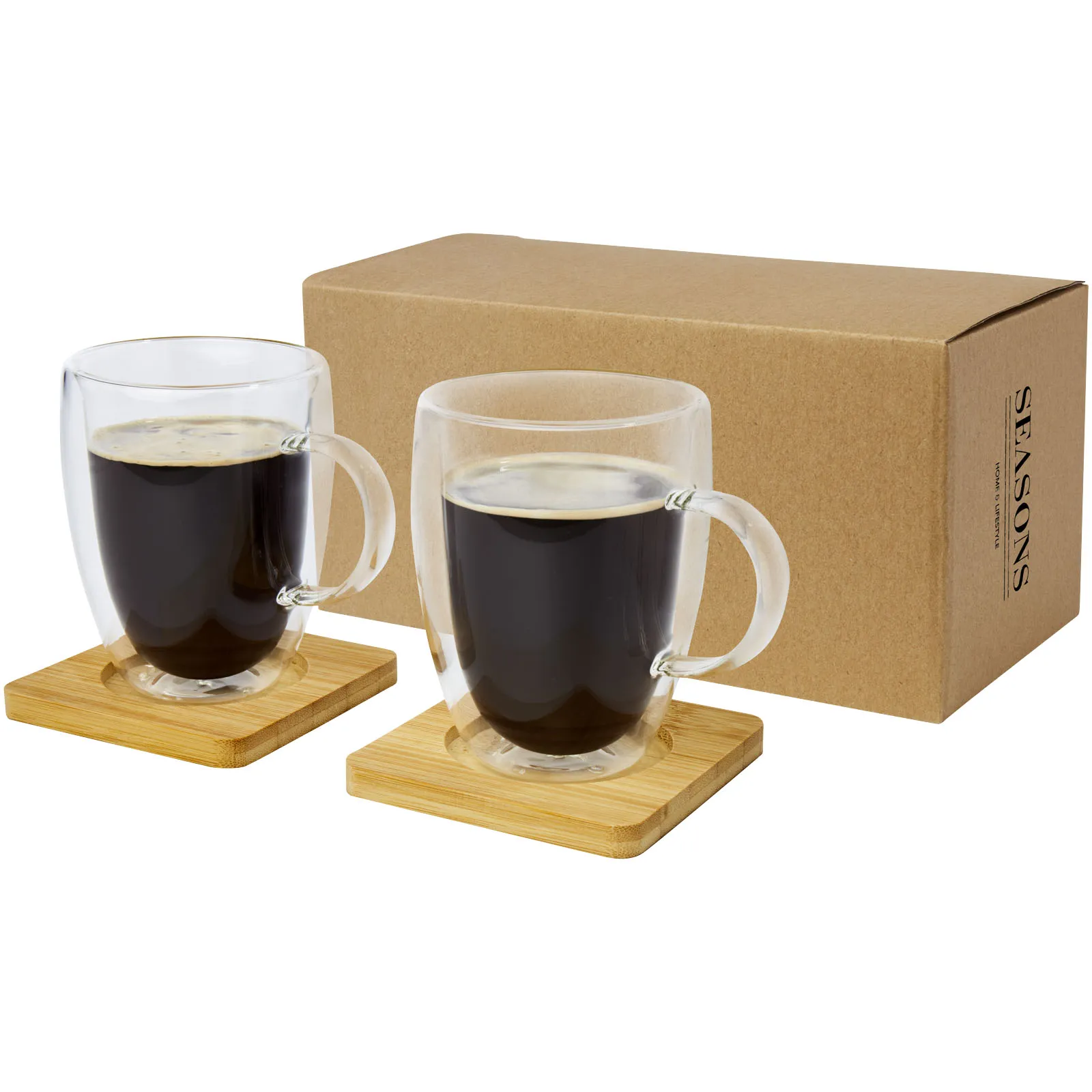 Manti 350 ml 2-delige dubbelwandige glazen kop met bamboe onderzetter  Transparent