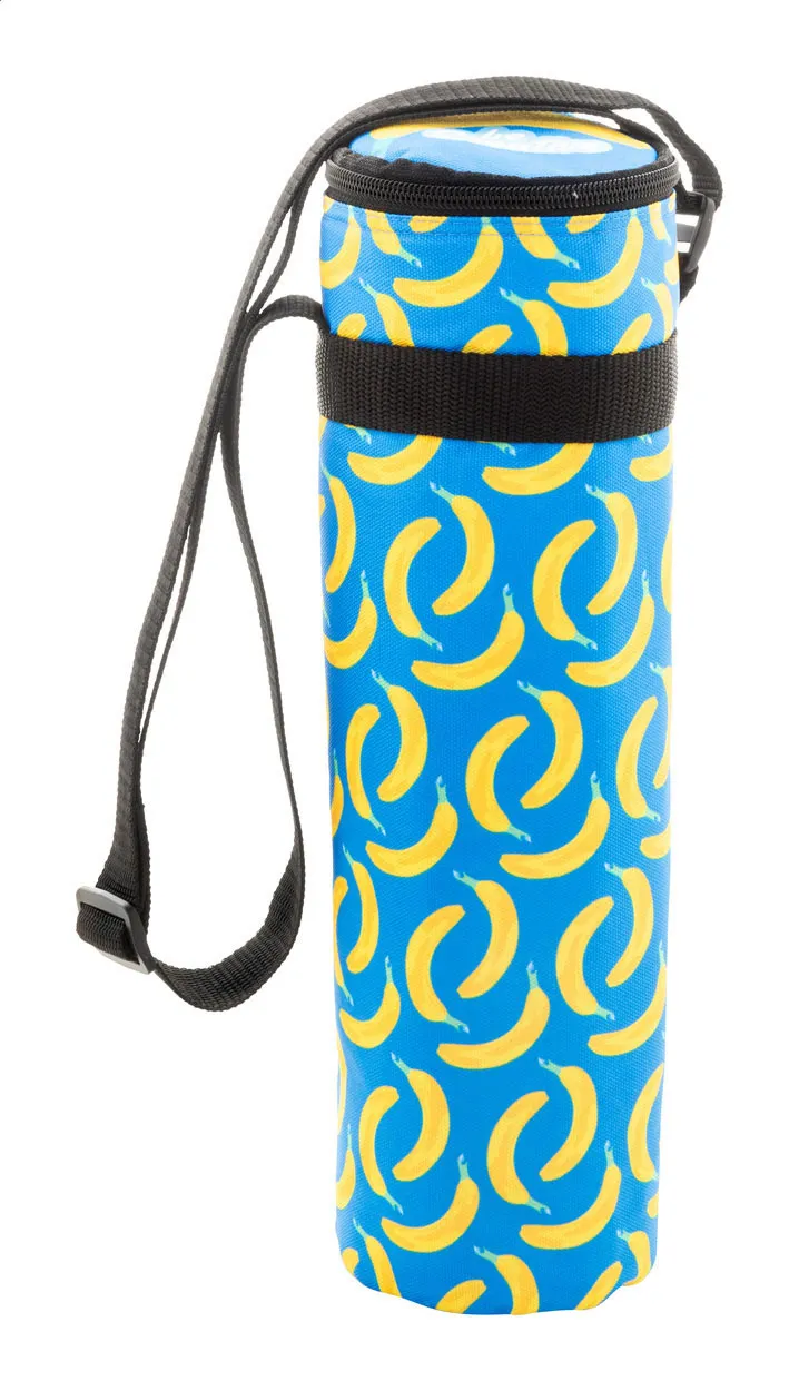 Blauwe fleskoeltas met bananenprint en zwarte draagband