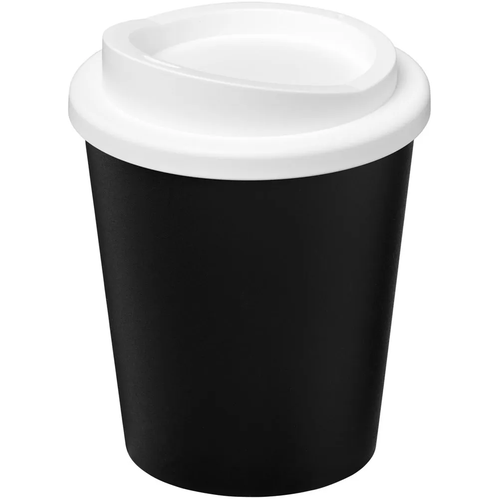 Zwarte beker met witte deksel, ideaal voor warme dranken.