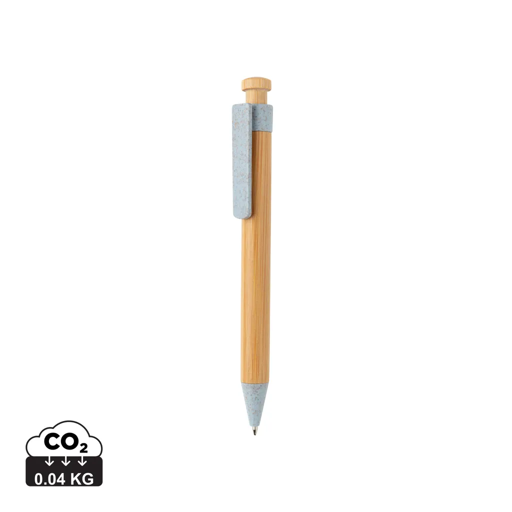 Bamboe pen met tarwestro clip blauw