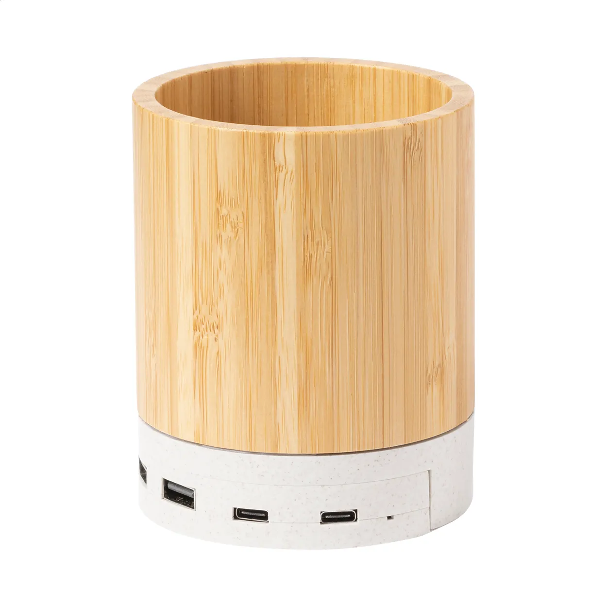 Bamboe USB-hub met ronde opbergruimte en meerdere USB-poorten