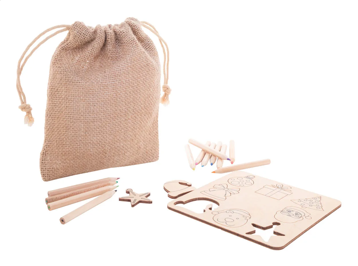 Houten kleurset met kleurpotloden en jute opbergtas