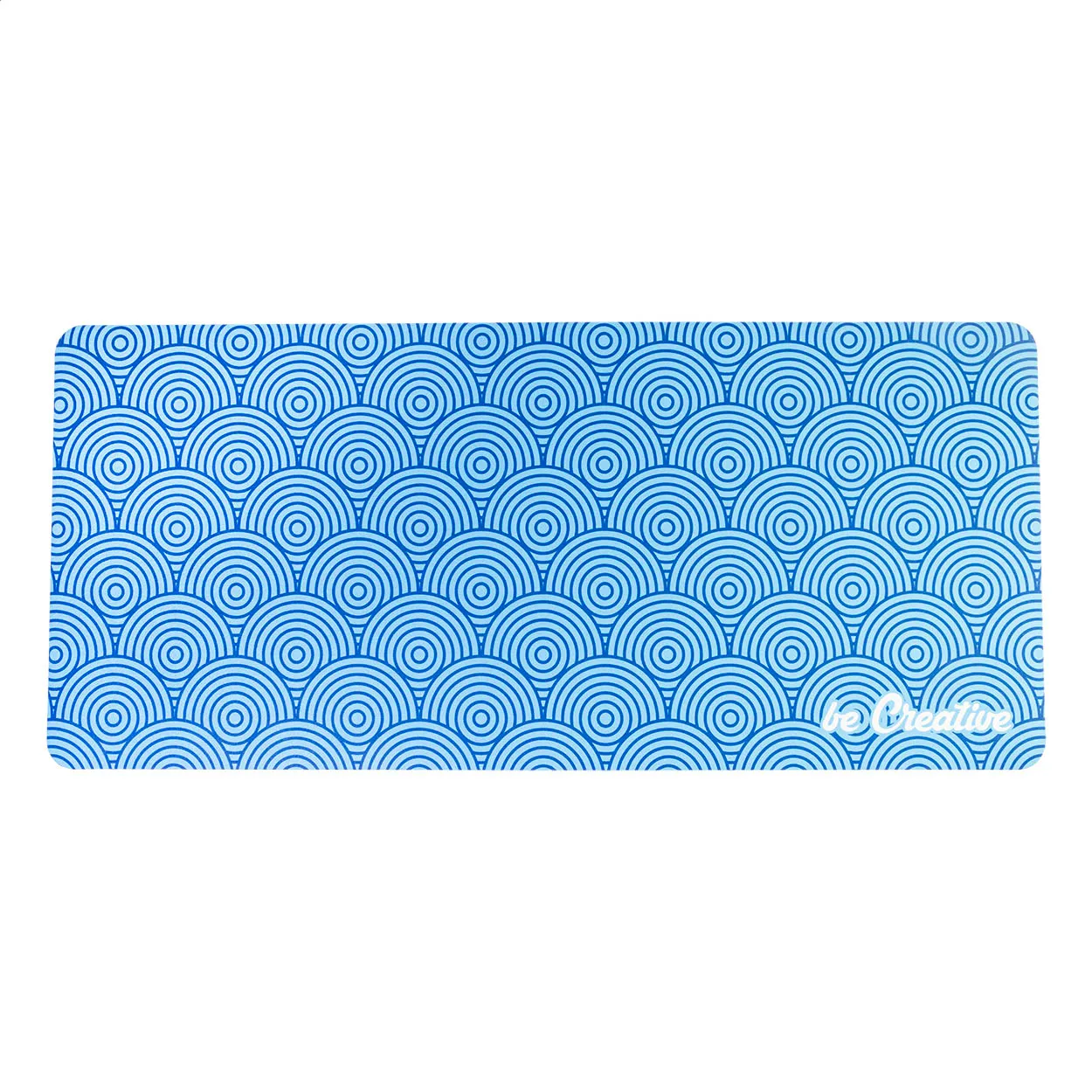 Blauwe RPET bureaumat met wit en blauw cirkelpatroon
