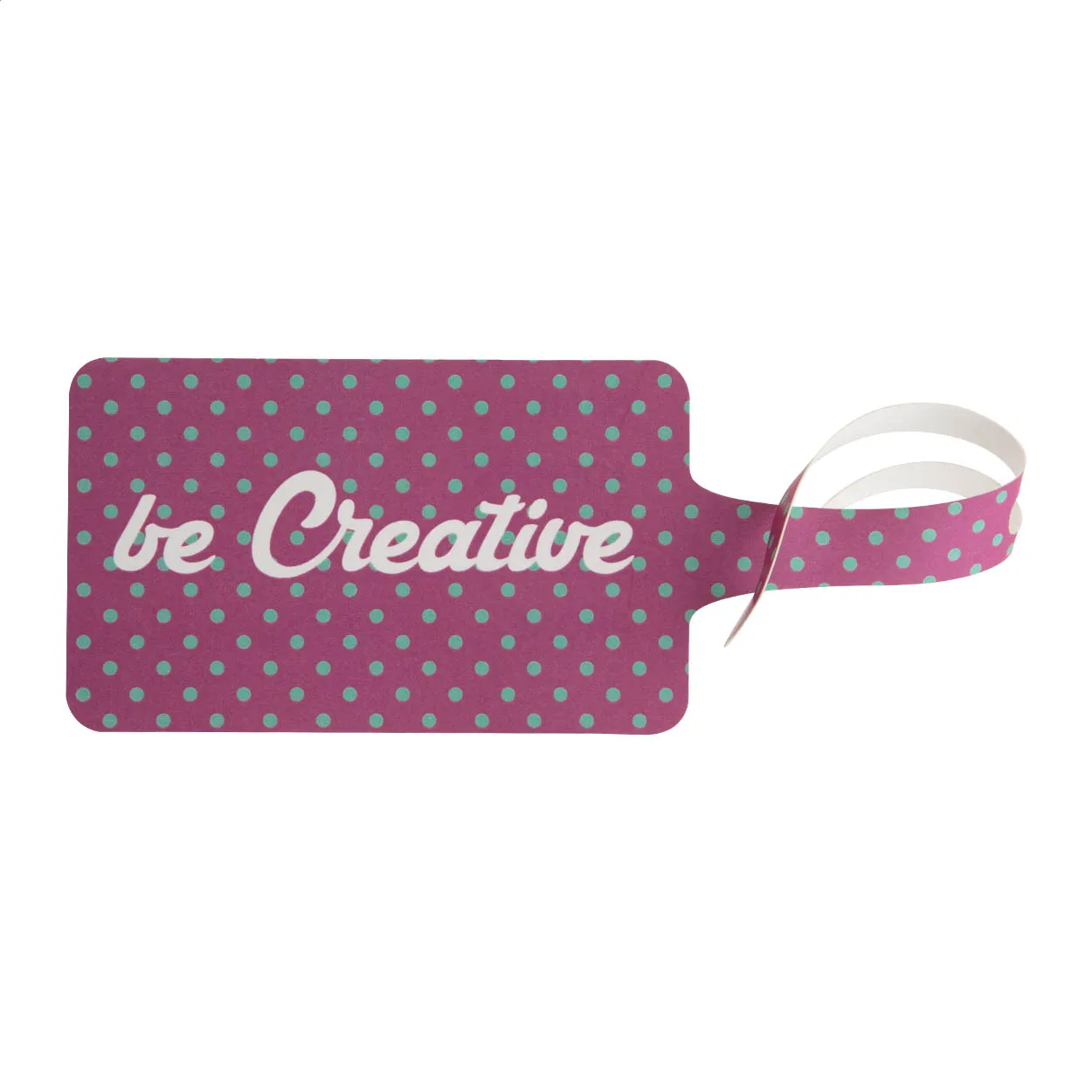 Roze kofferlabel met mintgroene stippen en tekst be Creative