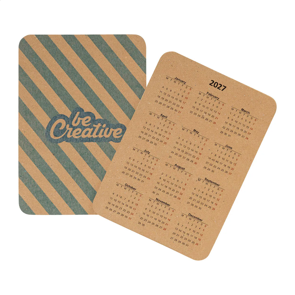 Eco zakkalender van kraftpapier met bedrukte kalender en gestreepte omslag