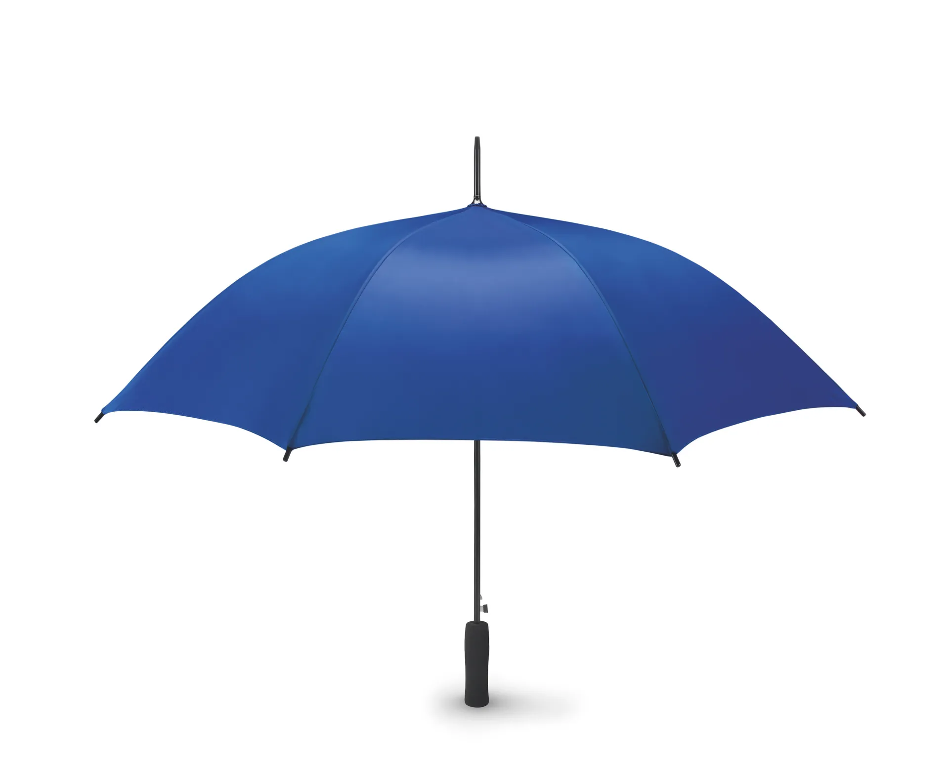 Opengeklapte royalblauwe paraplu van 23 inch met zwart frame en handvat
