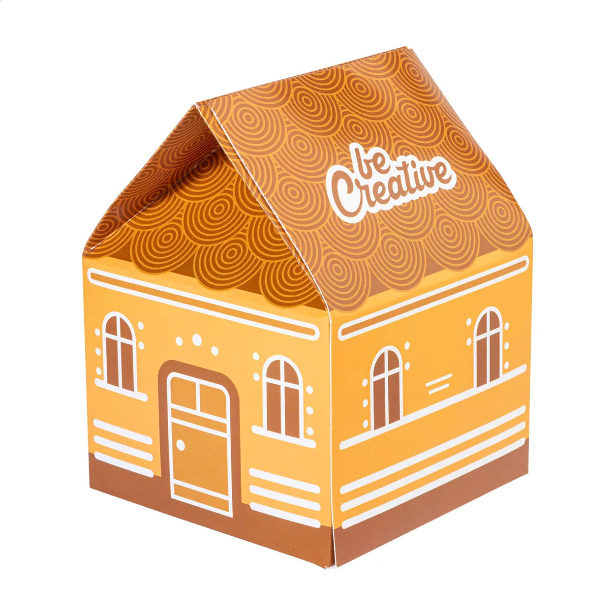 Huisvormige CreaBox Hut-geschenkdoos in oranje en bruin met wit patroon