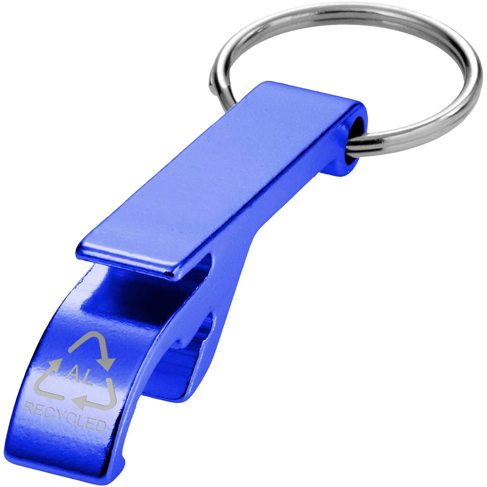 Tao fles- en blikopener van RCS gerecycled aluminium met sleutelhanger Koningsblauw