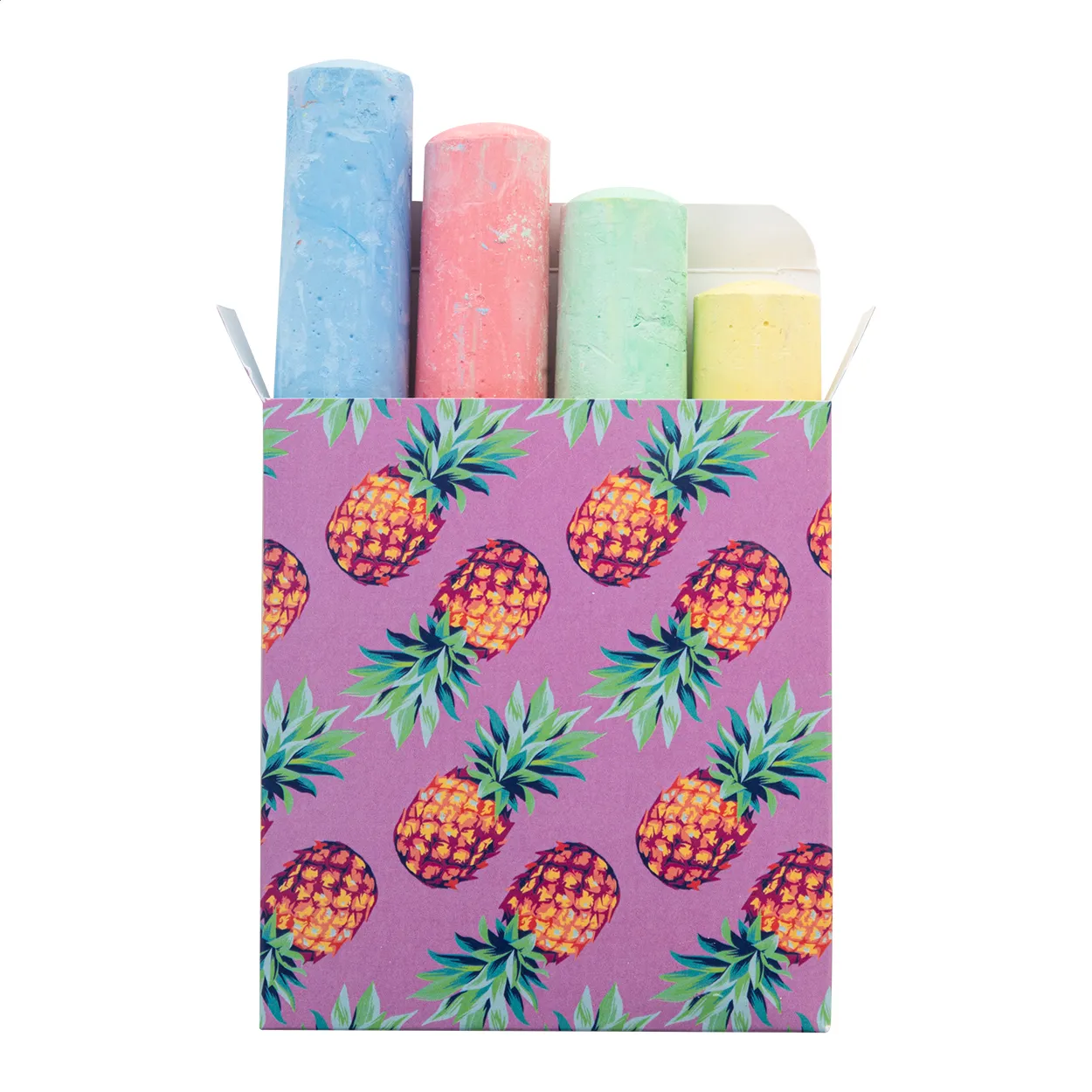 Krijtset met blauwe, roze, groene en gele krijtjes in een doos met ananaspatroon