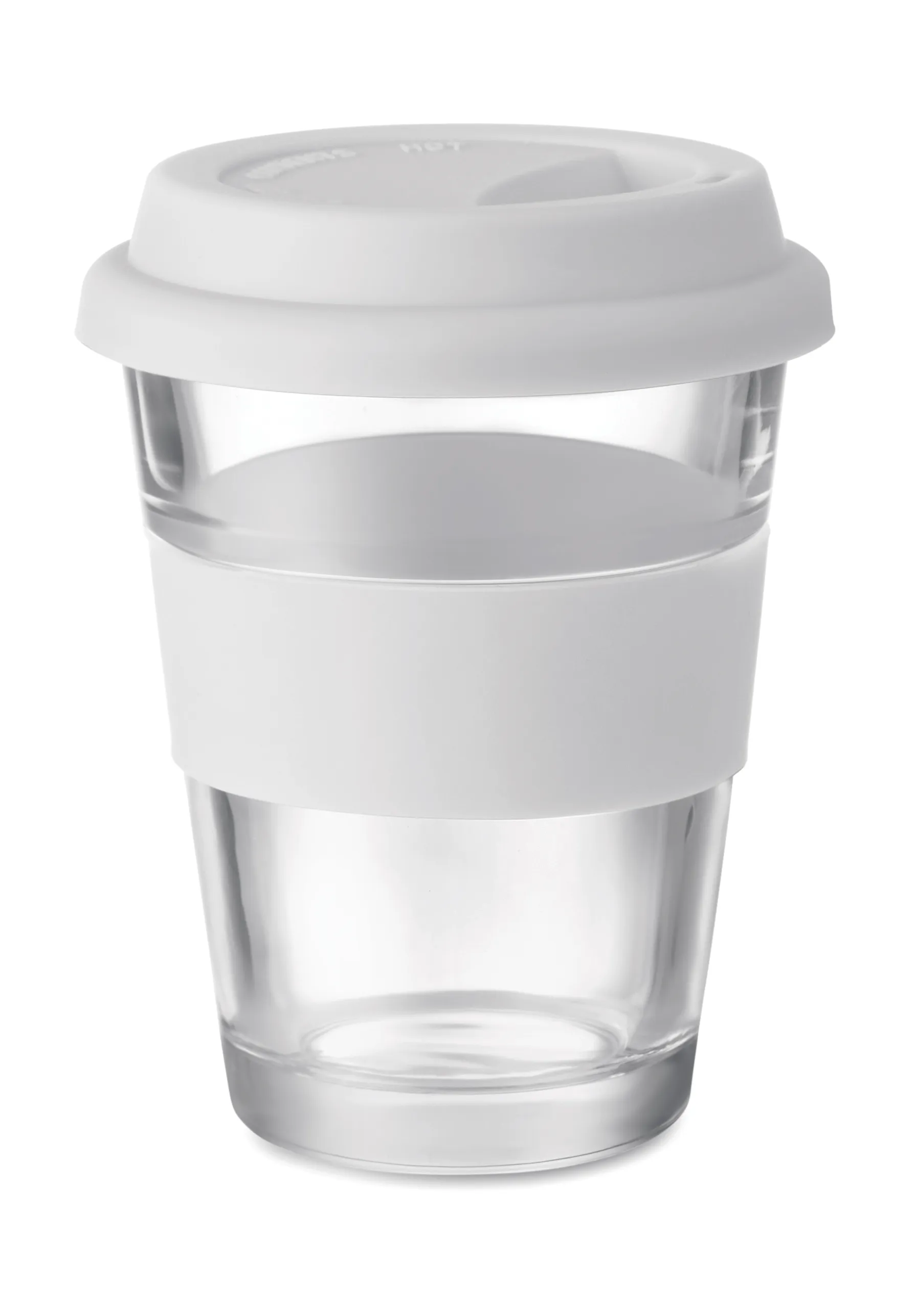 Glazen drinkbeker van 350 ml met witte deksel en witte gripband