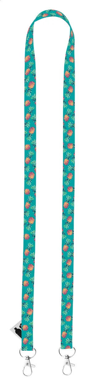 Turquoise lanyard met ananasprint en dubbele metalen clips
