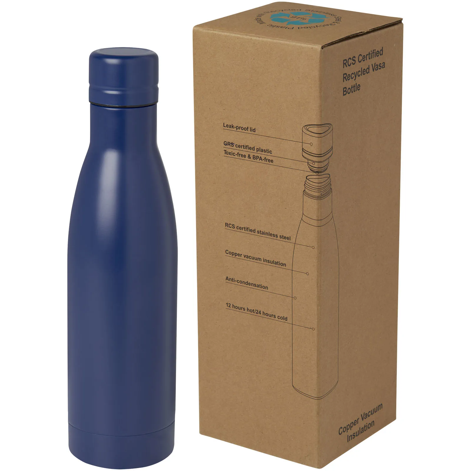 Vasa 500 ml RCS-gecertificeerde gerecyclede roestvrijstalen koperen vacuümgeïsoleerde fles Blauw