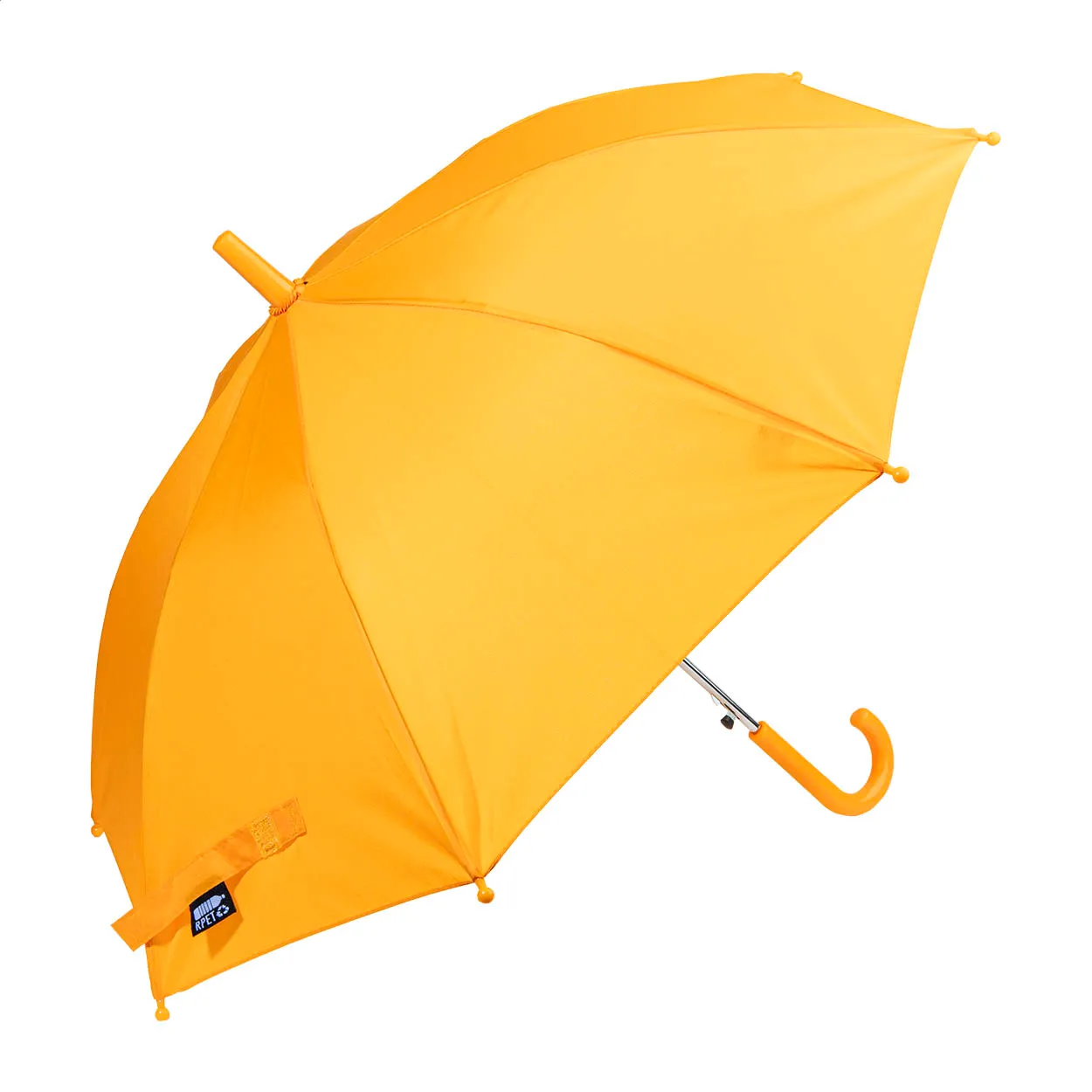 Opengeklapte gele paraplu met gebogen oranje handvat