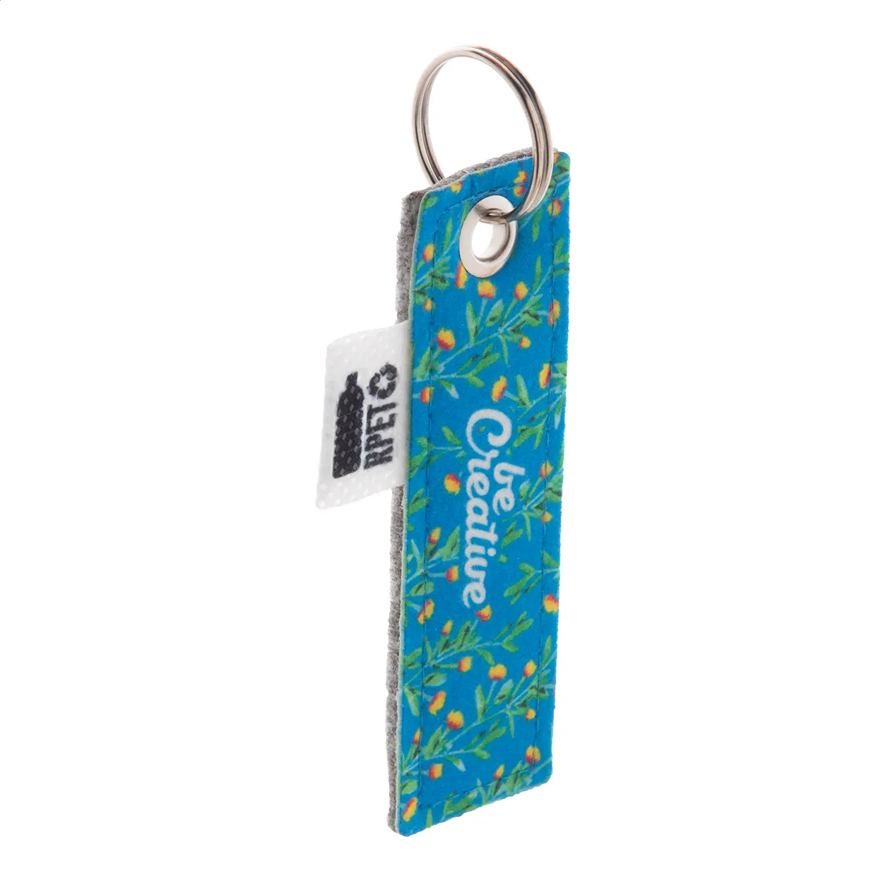 Blauwe vilten sleutelhanger met bloemenprint en metalen sleutelring