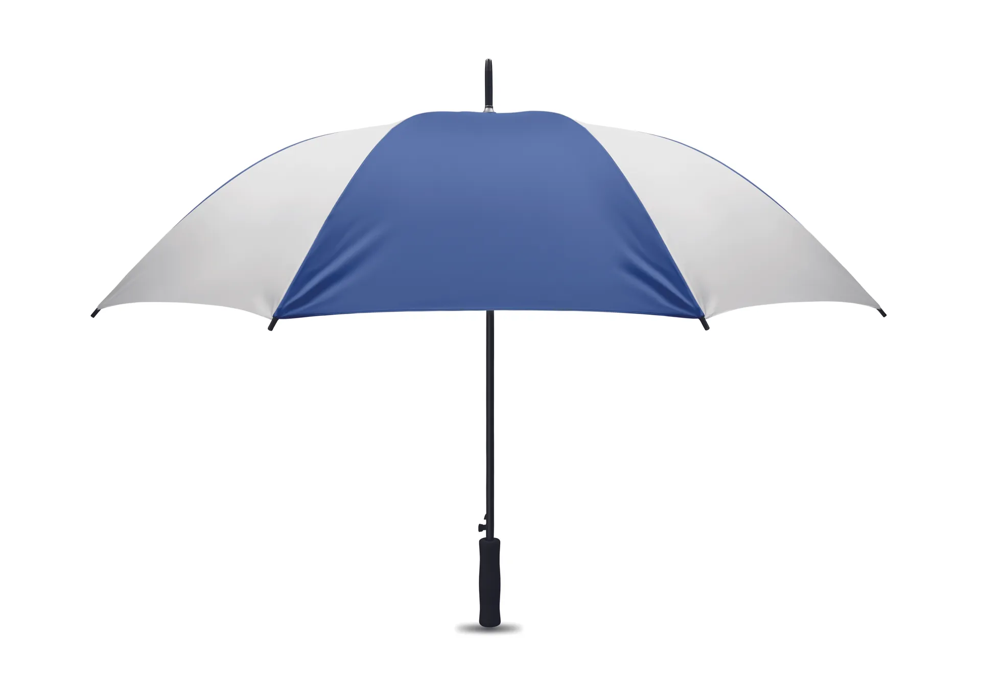 Open paraplu van 27 inch met wit en blauw doek en zwart handvat