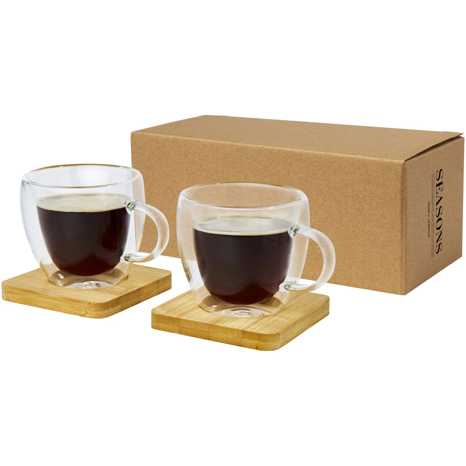 Manti 100 ml 2-delige dubbelwandige glazen kop met bamboe onderzetter  Transparent