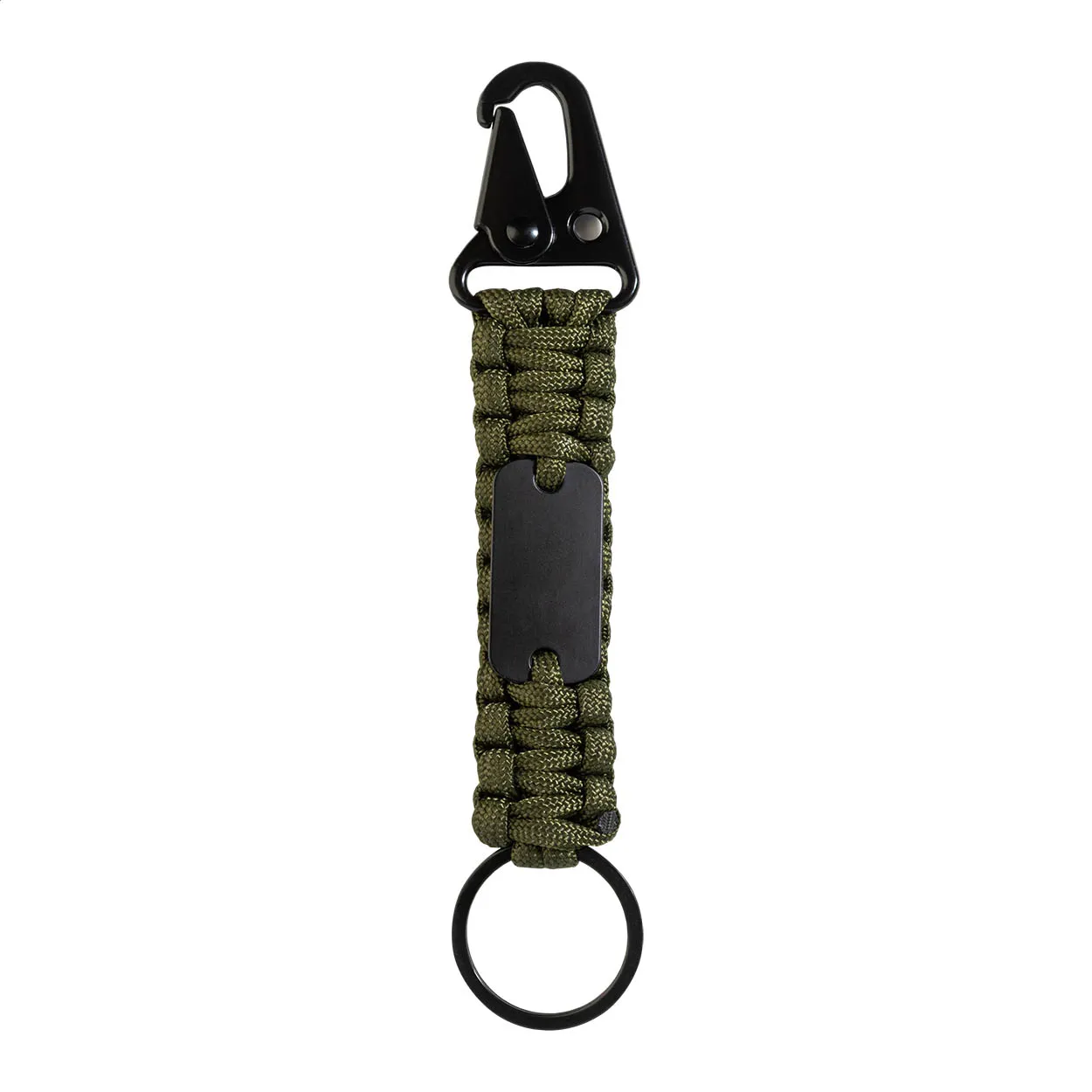 Groene paracord sleutelhanger met zwarte karabijnhaak, plaatje en sleutelring