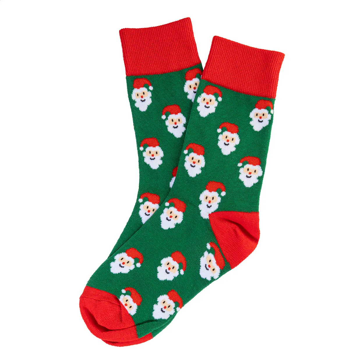Groene kerstsokken met rode boorden en meerdere afbeeldingen van de kerstman