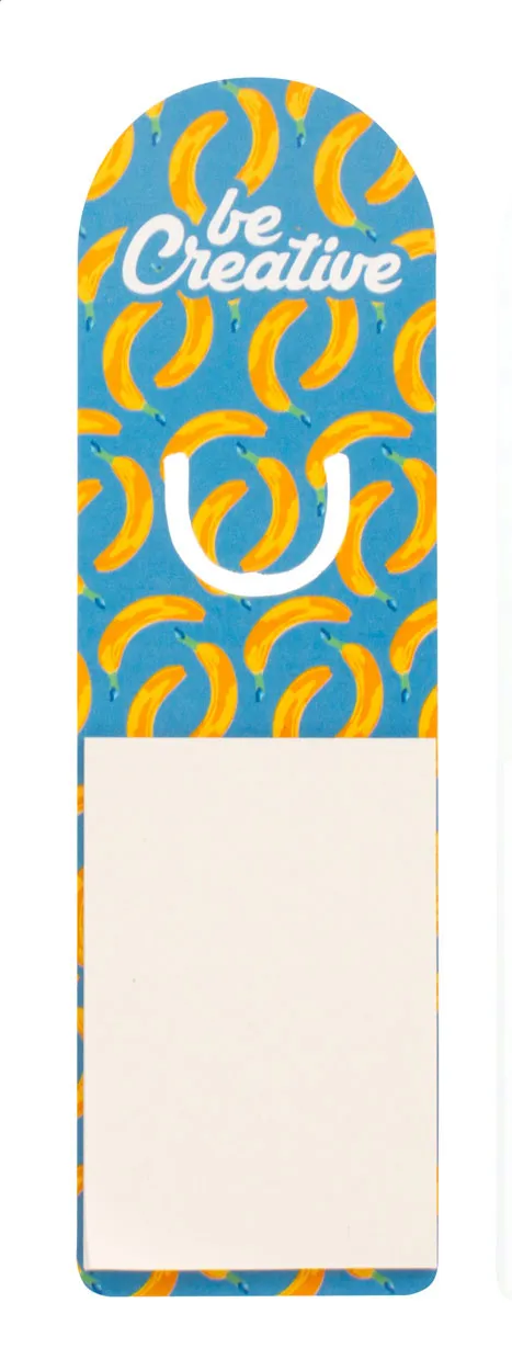 Blauwe boekenlegger met bananenpatroon, witte uitsparing en tekst 'Be Creative'