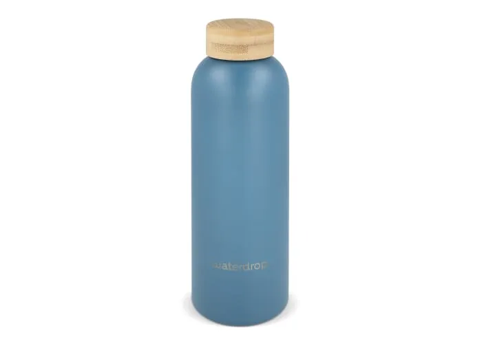 Waterdrop Roestvrijstalen Fles met Bamboe dop 600ml Grijs - blauw