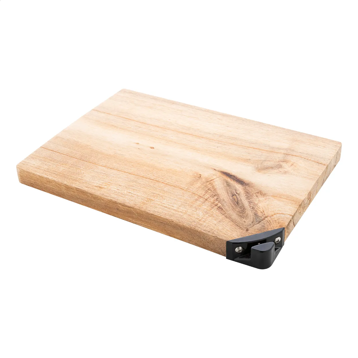 Rechthoekige houten borrelplank met zwarte flesopener aan de zijkant