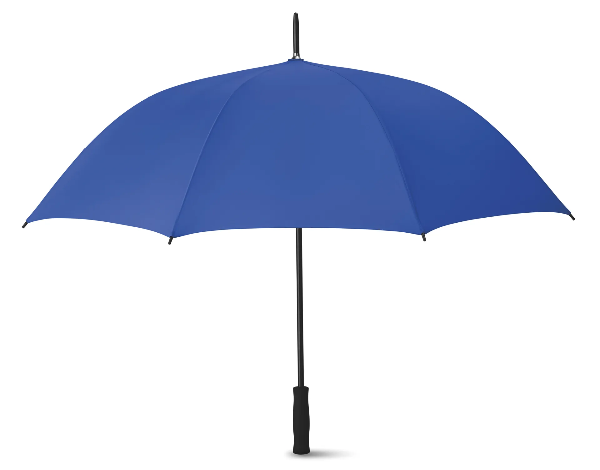 Geopende royalblauwe paraplu van 27 inch met zwart frame en handvat