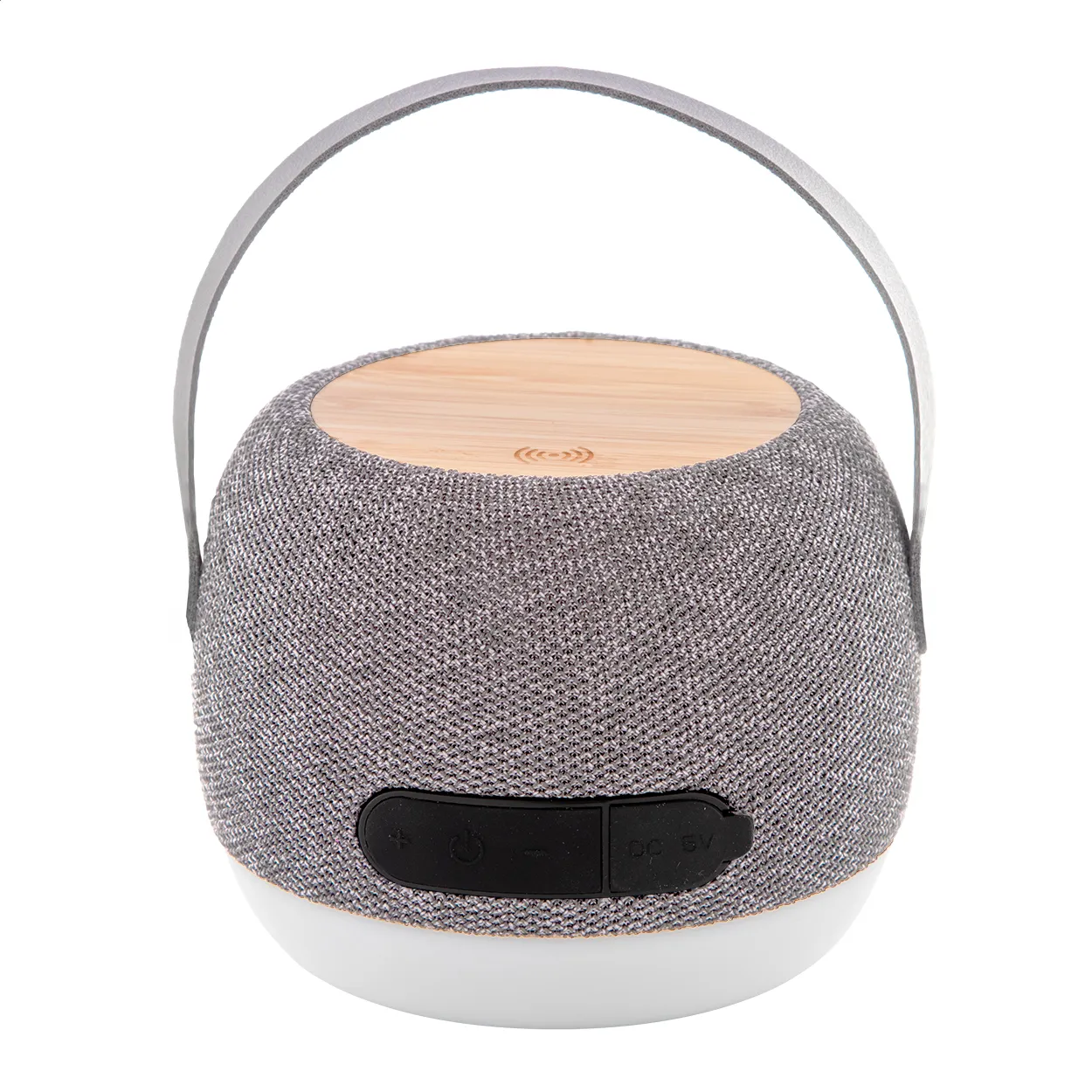 Grijze draadloze speaker met bamboe bovenzijde en draaglus