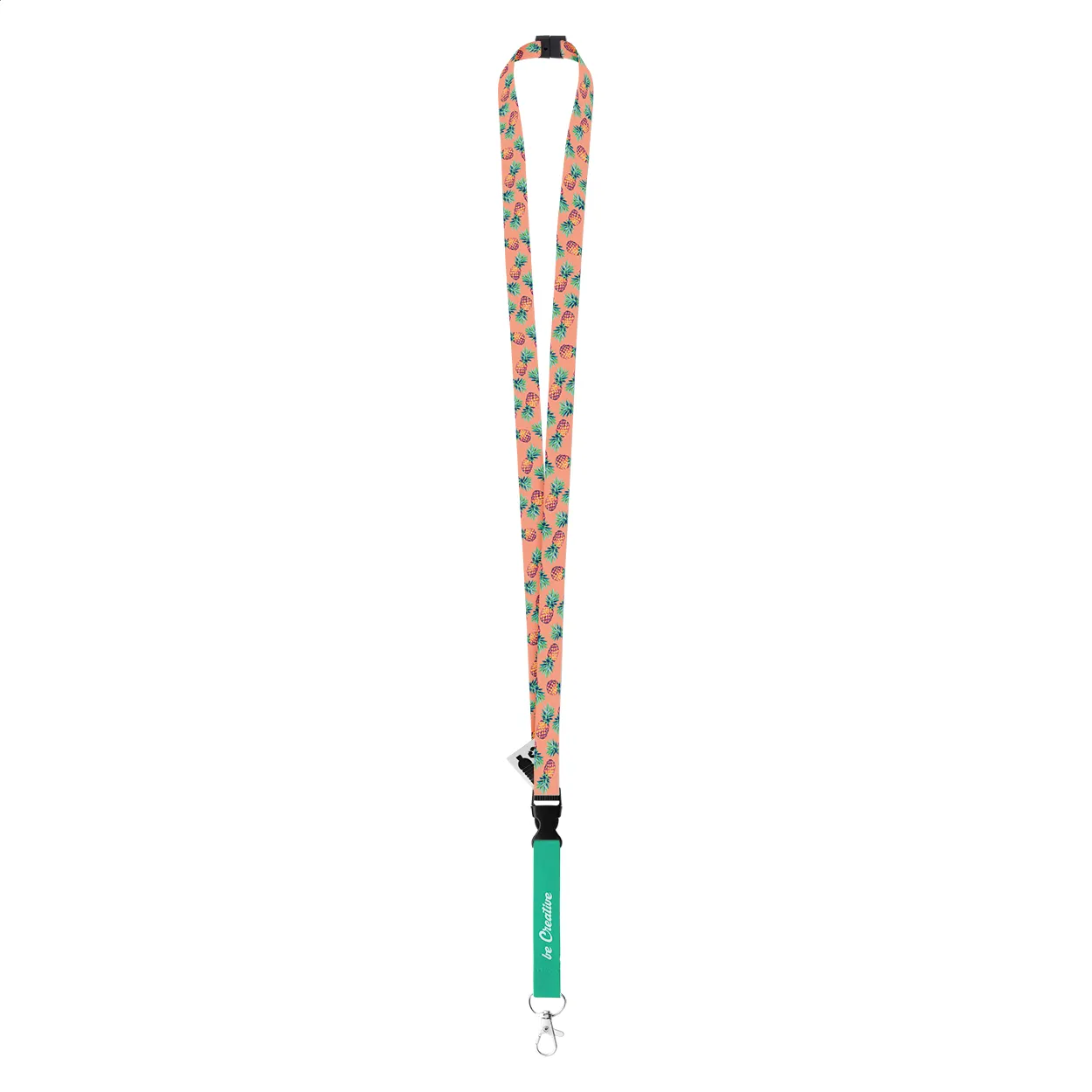 RPET lanyard met koraalkleurig ananasmotief, groene band en metalen karabijnhaak