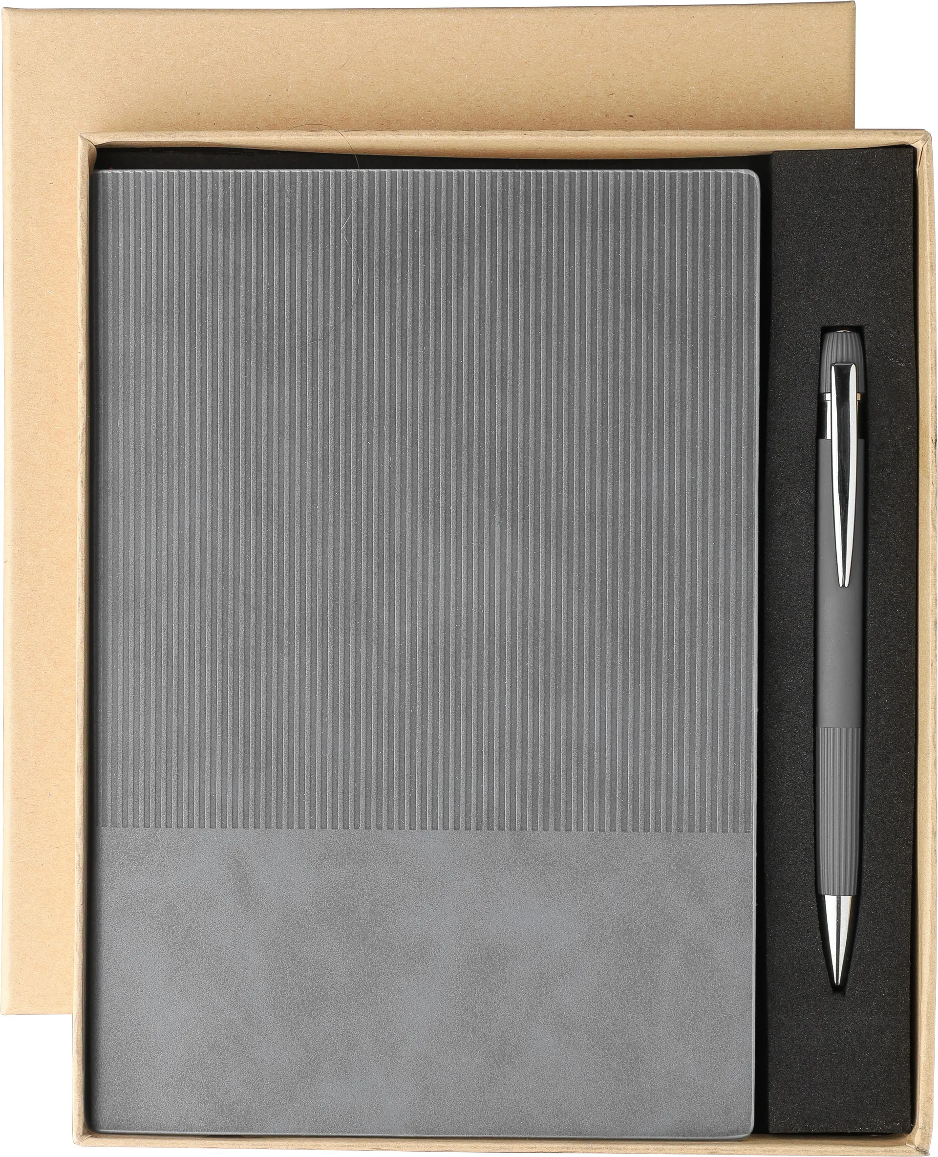 Gerecycled PU-notitieboek (A5) en balpenset Tarek grijs