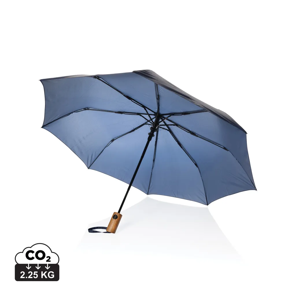Kaycey 21" AWARE™ RPET Acaciahouten mini auto open paraplu donkerblauw