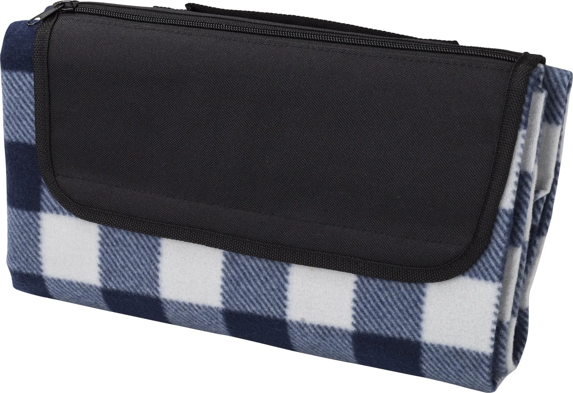 Gerecycled kobaltblauwe fleecedeken met zwarte en witte ruitpatroon