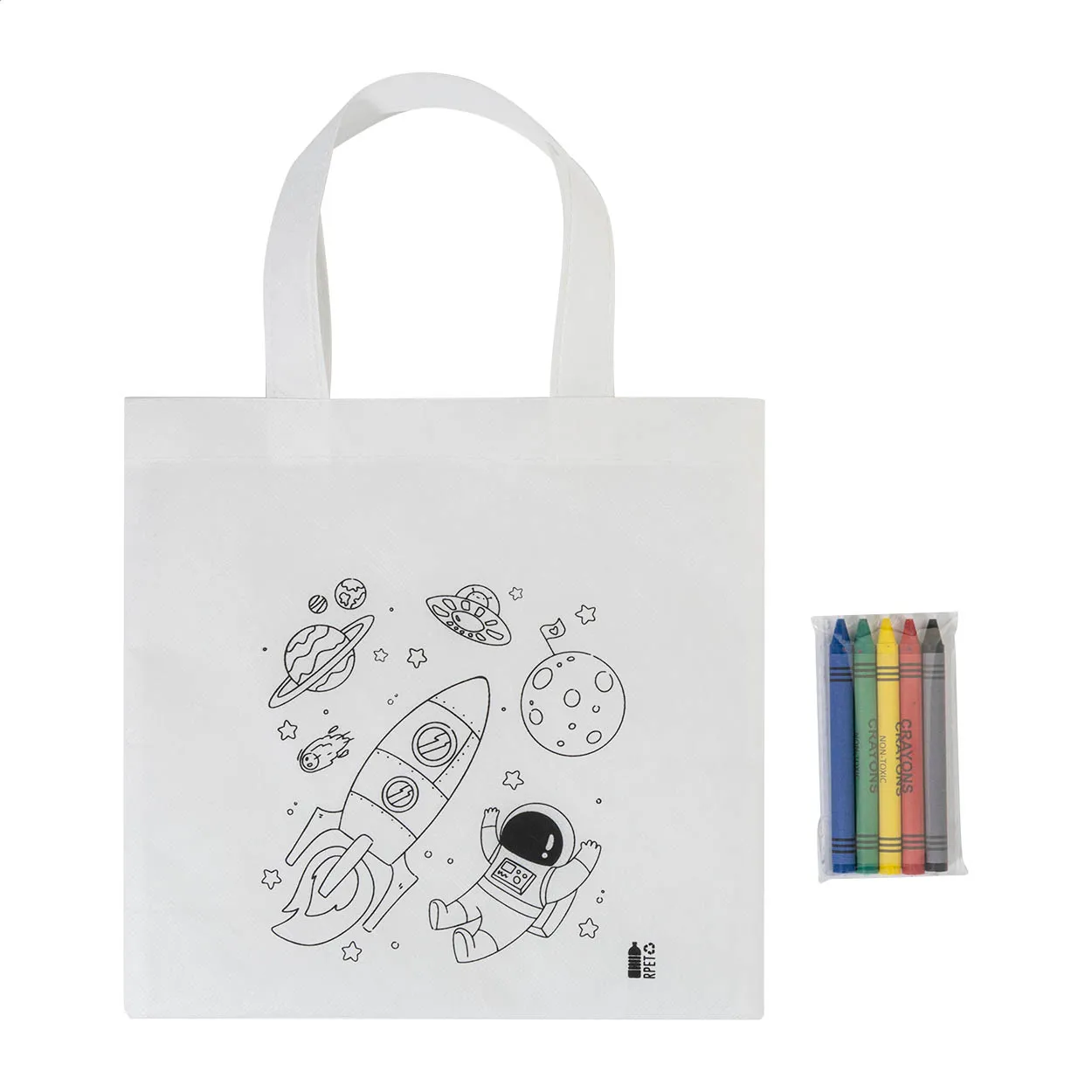 Witte draagtas met ruimtevaartillustratie en vier kleurpotloden in een transparante verpakking