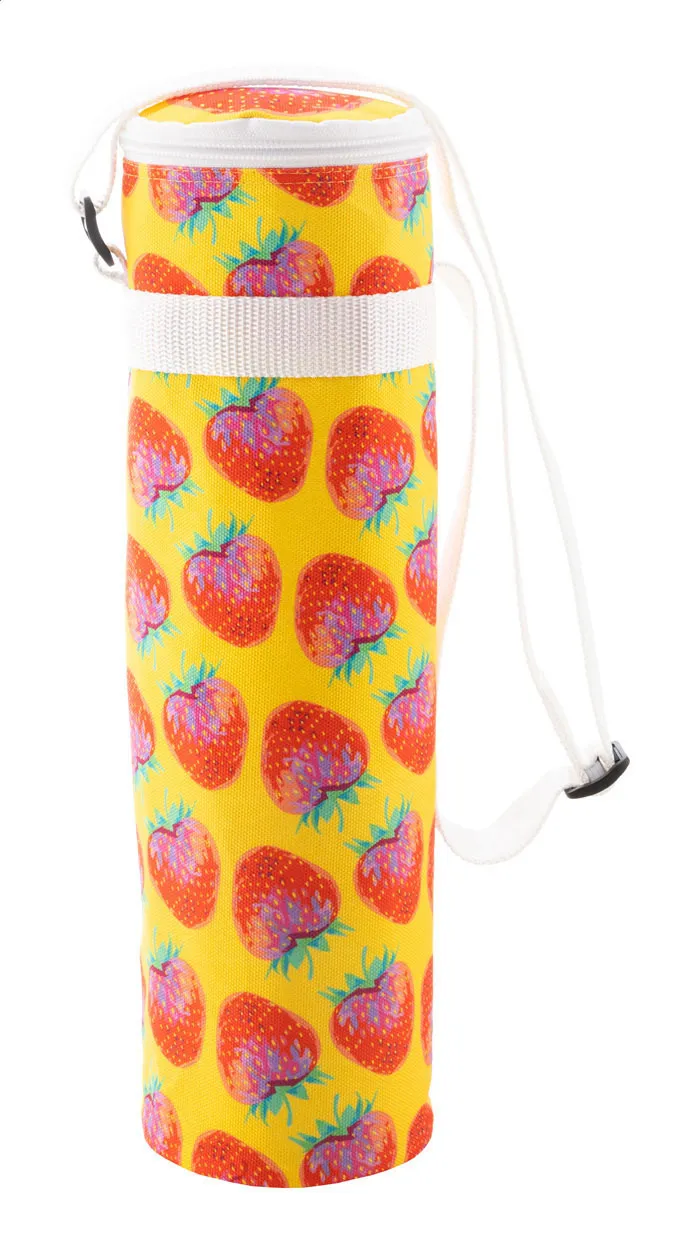 Gele fleskoeltas met aardbeienprint en witte draagband
