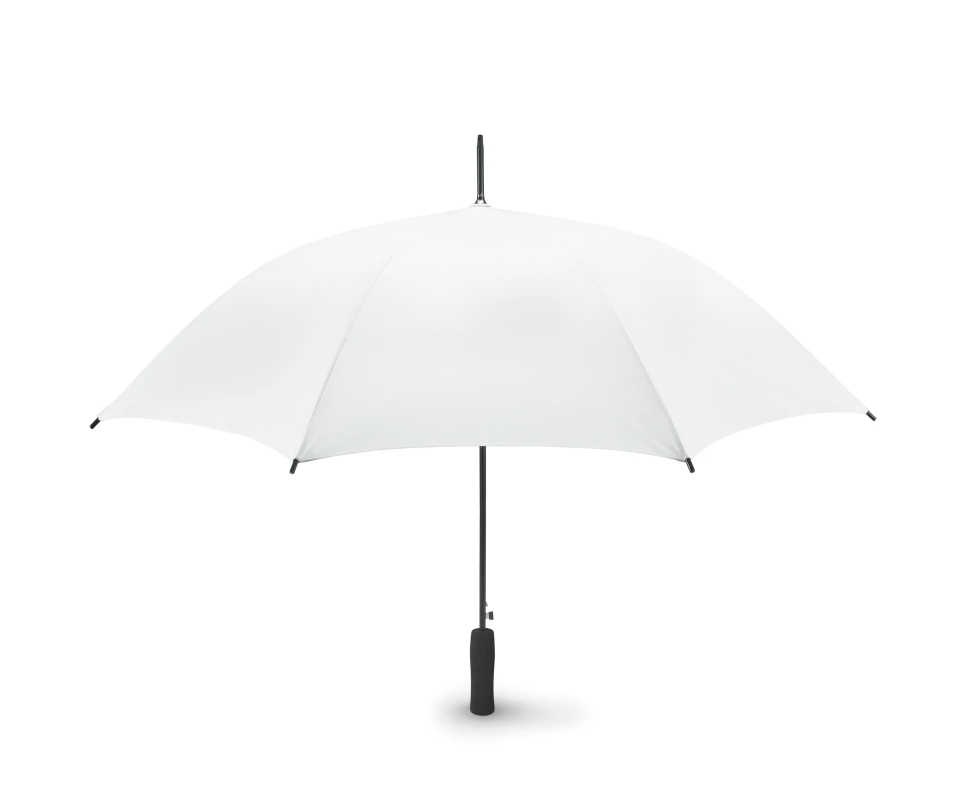 Witte geopende 23 inch paraplu met zwart handvat