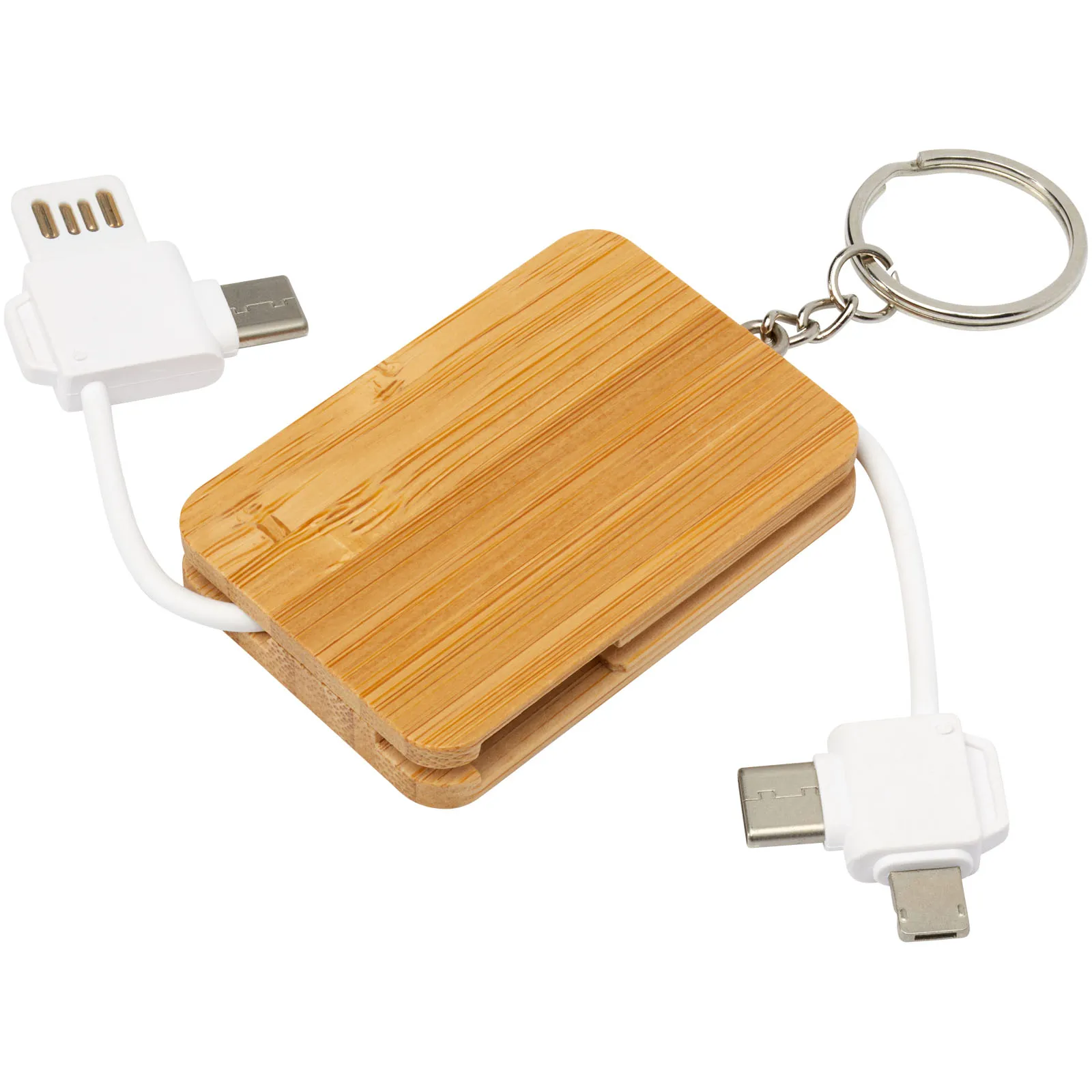 Reel 6-in-1 intrekbare bamboe sleutelhanger oplaadkabel Natuur