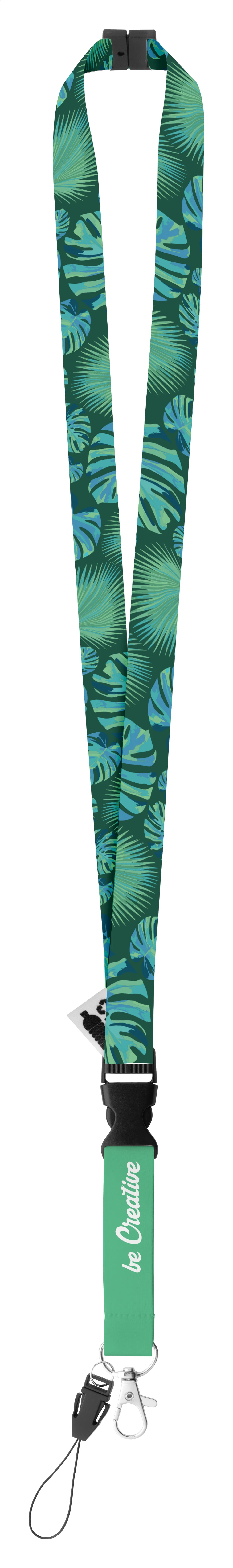 Groene RPET-lanyard met bladmotief, zwarte veiligheidssluiting en metalen karabijnhaak